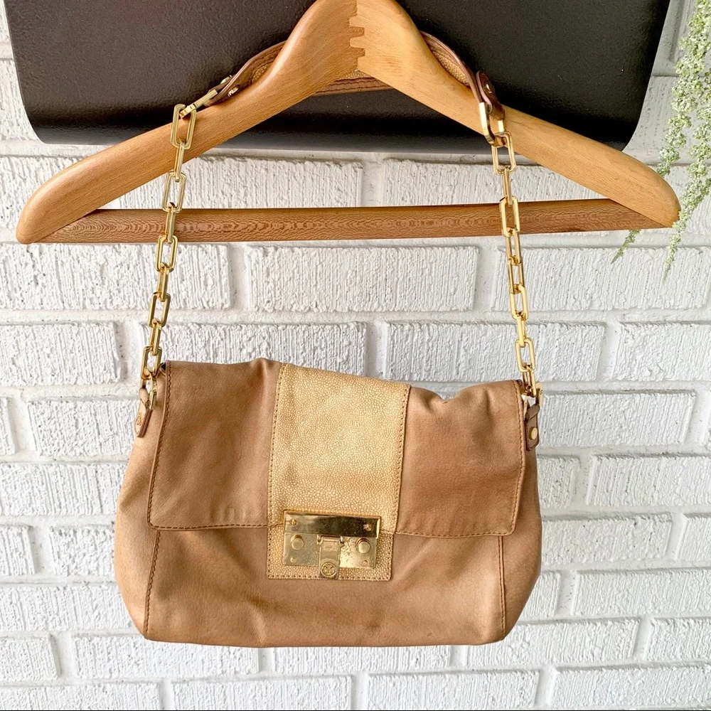 Tory Burch Tan Patterned Gold Chain Shoulder Bag